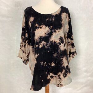Yasuko Tie Dye Black Tan Pleated Sleeve Blouse Top Artsy Lagenlook XL